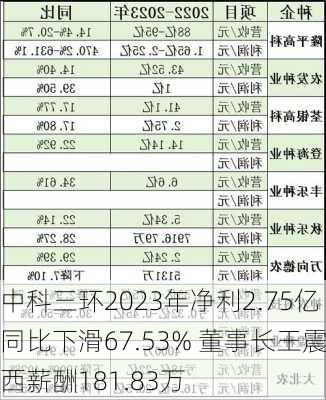 中科三环2023年净利2.75亿同比下滑67.53% 董事长王震西薪酬181.83万