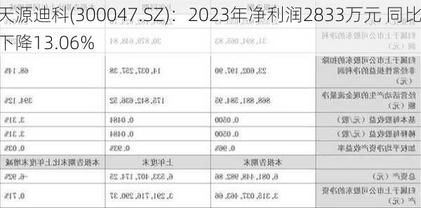 天源迪科(300047.SZ)：2023年净利润2833万元 同比下降13.06%