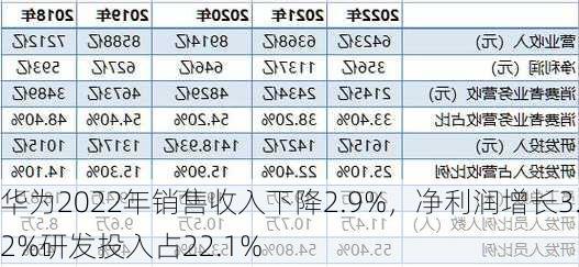 华为2022年销售收入下降2.9%，净利润增长3.2%研发投入占22.1%