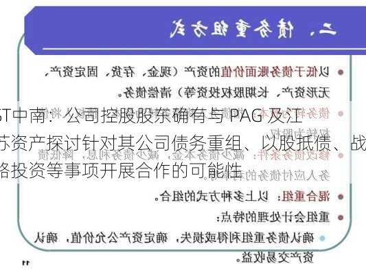 ST中南：公司控股股东确有与 PAG 及江苏资产探讨针对其公司债务重组、以股抵债、战略投资等事项开展合作的可能性