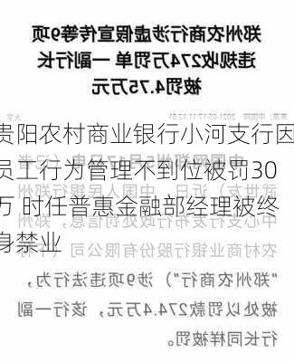 贵阳农村商业银行小河支行因员工行为管理不到位被罚30万 时任普惠金融部经理被终身禁业