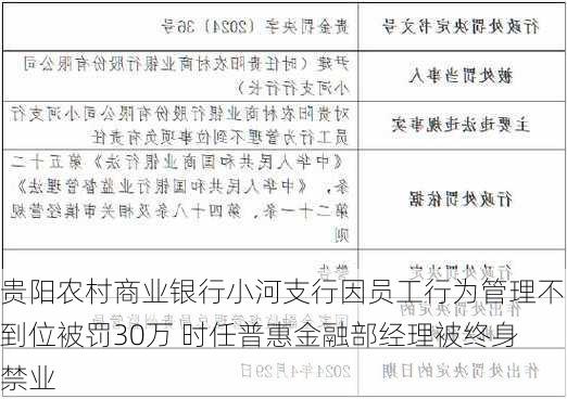 贵阳农村商业银行小河支行因员工行为管理不到位被罚30万 时任普惠金融部经理被终身禁业