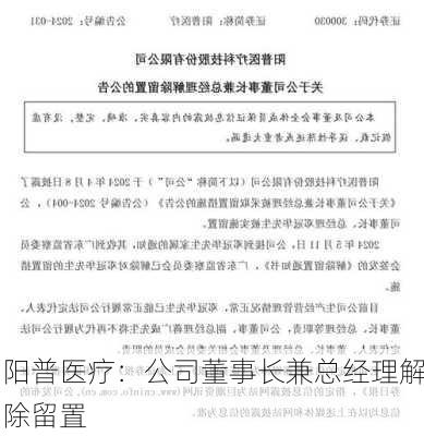 阳普医疗：公司董事长兼总经理解除留置