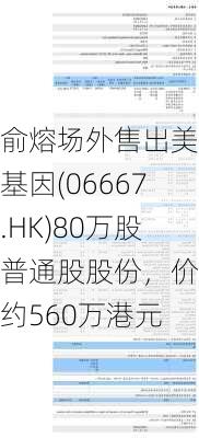 俞熔场外售出美因基因(06667.HK)80万股普通股股份，价值约560万港元