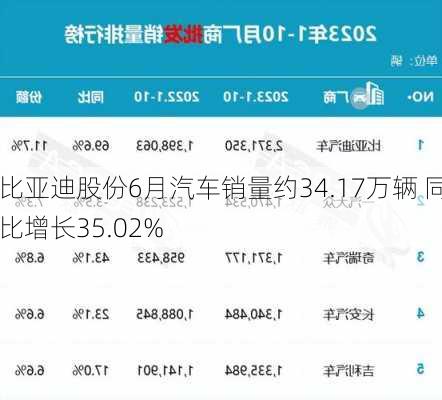 比亚迪股份6月汽车销量约34.17万辆 同比增长35.02%