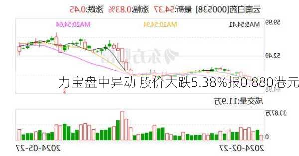 力宝盘中异动 股价大跌5.38%报0.880港元