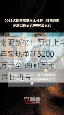 南亚新材：预计上半年实现净利5200万元至5800万元 同比扭亏