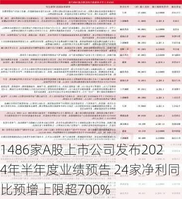 1486家A股上市公司发布2024年半年度业绩预告 24家净利同比预增上限超700%