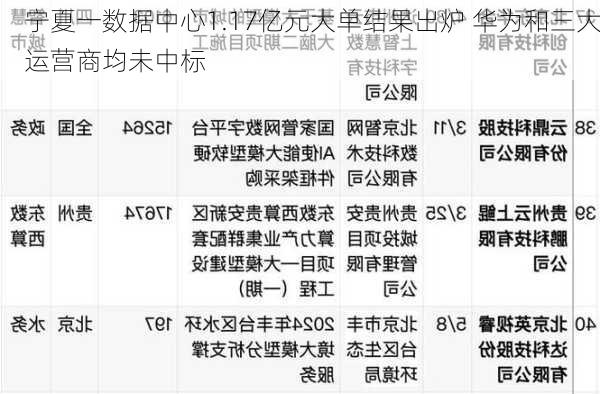 宁夏一数据中心1.17亿元大单结果出炉 华为和三大运营商均未中标