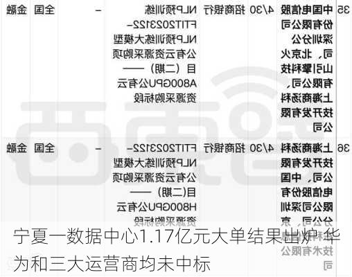 宁夏一数据中心1.17亿元大单结果出炉 华为和三大运营商均未中标