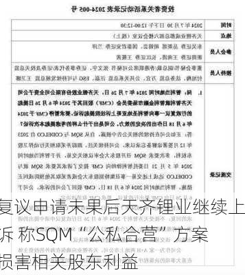 复议申请未果后天齐锂业继续上诉 称SQM“公私合营”方案损害相关股东利益