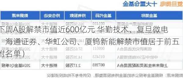 下周A股解禁市值近600亿元 华勤技术、复旦微电、海通证券、华虹公司、厦钨新能解禁市值居于前五（附名单）