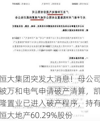 恒大集团突发大消息！母公司被万和电气申请破产清算，凯隆置业已进入破产程序，持有恒大地产60.29%股份