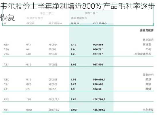 韦尔股份上半年净利增近800% 产品毛利率逐步恢复