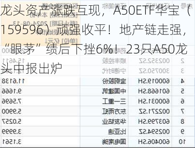 龙头资产涨跌互现，A50ETF华宝（159596）顽强收平！地产链走强，“眼茅”绩后下挫6%！23只A50龙头中报出炉