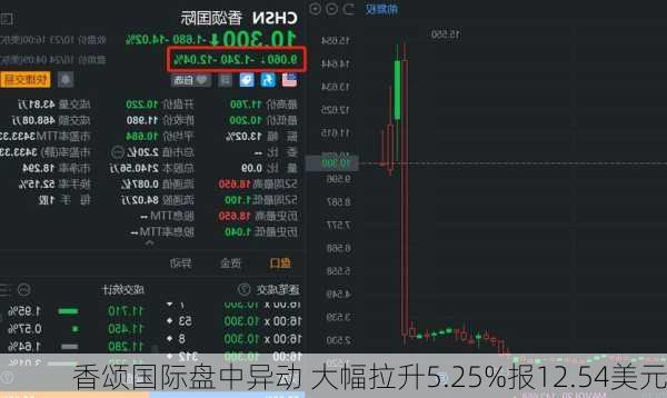 香颂国际盘中异动 大幅拉升5.25%报12.54美元