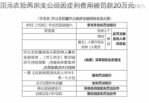 国元农险两家支公司因虚列费用被罚款20万元