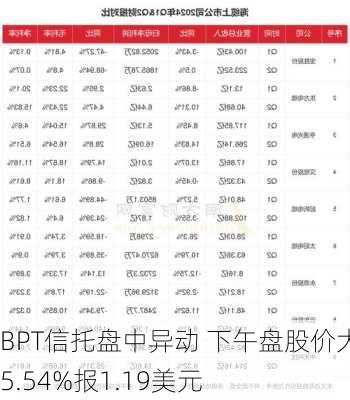 BPT信托盘中异动 下午盘股价大跌5.54%报1.19美元